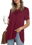 POPYOUNG Women's Summer Casual Lace Hem Short Sleeve Tunic Tops to Wear with Leggings V-Neck T-Shirt Loose Blouse 3XL,LH-Wine red