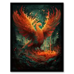 Majestic Phoenix Bird Concept Painting Blue Orange Red Mythical Creature Rising from the Ashes Spreading Fire Wings Vibrant Portrait Art Print Framed