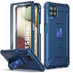 ORETECH for Samsung Galaxy A12 Case with Kickstand,[2 x Tempered Glass Screen Protector] Full Body Anti Silp Heavy Duty Shockproof Hard PC Soft TPU Bumper Protection Cover for Samsung M12 - Blue