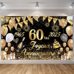 Seutgjie Banderole Joyeux Anniversaire 60 Ans 1965-2025, Décoration Anniversaire 60 Ans Toile de Fond Anniversaire Hommes/Femmes, Bannière Joyeux Anniversaire pour Fête, Or Noir 180 x 110 cm