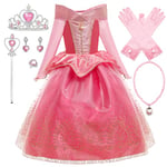 New front Robe Fille La Belle au Bois Dormant Robe de Costume Princesse Aurore Manches Longues Robe de Déguisement Cadeau d'anniversaire Noël Carnaval 3 à 8 Ans Enfant Cosplay, Rose,140