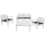 Set salon d'extérieur Massa, Salon de jardin avec 2 fauteuils, 1 canapé et 1 table basse, Salon intérieur et extérieur avec coussins, 100% Made in