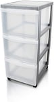 Iris Ohyama Plastic Storage Drawer Unit with Wheels, 3 Deep Drawers, Silver, Easy-Pull Handles, Supplies Organiser, For Bedroom, Bathroom, School & Office, BPA Free, Chest, Tower, DC-303