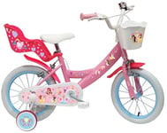 Vélo Enfant 14'' Fille Princess de Disney équipé de 2 Freins, Porte Poupée, Stabilisateurs et Panier Avant, Rose