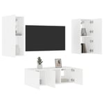 Tv-møbel til væg 4 dele med LED-lys konstrueret træ hvid