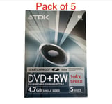 5 x TDK DVD+RW Scratch proof 1-4x Speed 4.7GB Rewritable Disc in Hard Video Case