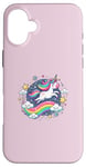 Coque pour iPhone 16 Plus Licorne ludique volant à travers le ciel étoilé avec arc-en-ciel