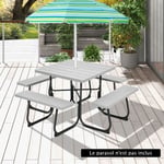 Costway Table De Pique-Nique Ronde Avec 4 Bancs Pour 8 Personnes, Trou Pour Parasol, Table De Camping Pour Terrasse, Jardin, Gris