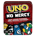 Mattel Games UNO No Mercy Jeu de cartes dans sa boîte de transport et de voyage, pour des soirées jeux en famille, avec des règles spéciales et des pénalités plus sévères, HXT57