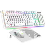 Empire Gaming - Armor RF800 Pack Clavier Souris Gaming Rechargeable sans Fil AZERTY (Français-Layout) RGB avec Tapis de Souris -Clavier 2.4G -Souris 4800 DPI -PC PS4 PS5 Xbox One/Series Mac - Blanc