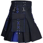 Herr Kilt Utility Scottish Traditional Highland Solid Plisserade Spänne Spänne Kostym Kilts med lastfickor Blå Blue XXL