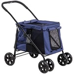 PawHut Dog Pram Dog Stroller 4 Wheels Pet Pushchair with Rolling Door, Cushion, Safety Leashes, for Small and Medium Dogs, Dark Blue