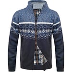 Whispering Jones London New Mens Zip Up Fleece Lined Knitted Cardigan Grandad Funnel Neck Xmas Aztec, Navy - 2108 Aztec Cardigan, L