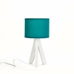 Licht-erlebnisse - Lampe de table sur trépied en bois blanc au design scandinave avec abat-jour en tissu bleu pétrole E14 - Blanc, Essence