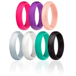 ROQ Silicone Wedding Ring For Women, Set of 7 Silicone Rubber Wedding Bands - Black with Glitter Sparkle Pink Turquoise, White, Metal Look Silver, Purple, Pink, Rose Gold - Size 8