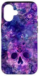 Coque pour iPhone 16 Aquarelle violette ethnique horreur bleu feu flamme crâne