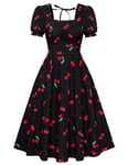 Belle Poque Robe vintage des années 1950 à manches bouffantes pour femme - Robe de fête florale smockée dans le dos, Cerise noire, M