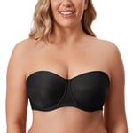 DELIMIRA Femme Soutien Gorge sans Bretelles Grande Taille avec Armature Bandeau Non Rembourré Antiglisse Noir 105C