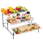 Lifewit Plateau de Service avec 3 Plats, Plateau Repas, Grand Plateau Plastique Rectangulaire 36×17cm, Presentoir Aperitif Buffet, Présentoir à Gâteaux, Panier Fruits, Support en Métal Noir