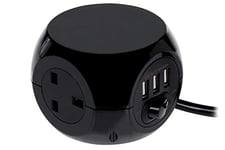 STATUS Black Cube Socket | 3 Way Cube with 3 USB Adapter Socket | 1.4m Extension Lead | S3B1.4M3XUSB1PK6