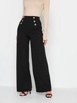 Long Tall Sally Black Button Detail Wide Leg Trousers 34", Black, Size 18, Length 36, Women