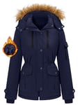 TOMEEK Manteau Femme Hiver Veste Parka Polaire Imperméable Manteau à Capuche Chauffante à Col en Fourrure Blouson Chaud Chic et Elegant avec 5 Poches Zippé Jacket,Bleu marine,Taille L