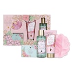 accentra - coffret cadeau 4 pièces - coffret de bain cadeau avec lotion pour le corps, sel de bain, gel douche et éponge en maille - coffret bien-être pour femmes et filles lors d'occasions spéciales