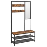 VASAGLE Coat Rack with Shoe Storage, Coat Stand for Hallway with Mirror, Hooks, Bench, and Shoe Shelves, 35 x 98 x 180 cm, Hallway Bedroom Entryway, Industrial, Rustic Brown and Ink Black HSR415B01