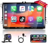 2+64G Autoradio Pour Vw Golf 5 6 Polo Seat Skoda Caddy Touran Passat B6 Avec Carplay Sans Fil Android Auto, 9 Pouces Radio Android Avec Écran, Bluetooth, Wifi, Gps, Rds + Caméra Arrière