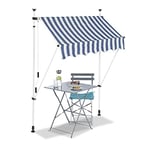 Relaxdays Auvent rétractable 150 cm Store Balcon Marquise Soleil terrasse Hauteur réglable sans perçage, Bleu-Blanc, 150 x 120 cm