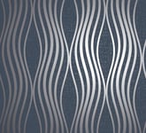 Fine Decor Quartz Wave Navy / Silver Glitter Metallic Wallpaper FD42686