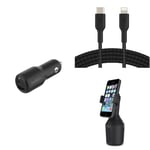 Belkin Premuim Car Bundle(42W Dual Port Fast Car Charger & USB-C to Lightning 1m charging cable & Car Cup Mount)