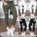 women's slim stretch drawstring ripped leggings Green m