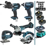 Makita - Pack Power pro 5 outils 18V: Perceuse DHP458 + Meuleuse DGA504 + Visseuse DTD152 + DJV180 + DSS610 + 3 batt 5Ah + sac