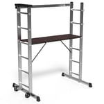 VOUNOT Échafaudage Aluminium 3 En 1 Échelle Stable Multifonction avec Plateforme de Travail : 120 x 40cm Charge Max 150KG 6 Postions Échafaudage Mobile sur Roues avec Support à Outils