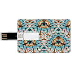 32G USB Flash Drives Credit Card Shape Tie Dye Decor Memory Stick Bank Card Style Tribal Stylized Trippy Shapes with Dirt Grungy Paint Reflections Artisan Print,Blue Gold Waterproof Pen Thumb Lovely J