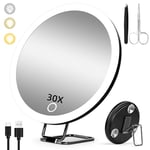 Miroir grossissant avec lumière 30X, 15cm 3 Modes de Couleur Dimming Miroir de Maquillage Lumineux 30X, Grand Miroir Grossissant de Voyage Rechargeable avec 3 Ventouses et Support de Table 360°