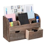 Relaxdays Organiseur de Bureau, Organisateur, 6 Compartiments, Tiroirs, Fournitures, HxLxP : 25x36,5x15cm, Marron foncé, Bois, Taille Unique