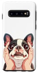 Coque pour Galaxy S10 Adorable chien terrier de Boston Mains sur les joues Drôle Chien Maman Papa