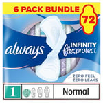 Always FlexProtect Sanitary Towels Size 1 Normal with Wings, Up to Zero Feel Up to Zero Leaks, Flexible Protection, Always' Softest Toplayer, Unscented, Pack of 6, 72 Pads