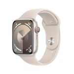 Apple Watch Series 9 (45 mm GPS + Cellular) Smartwatch avec boîtier Aluminium et Bracelet Sport lumière stellaire (S/M). Suivi de l’activité Physique, apps Oxygène sanguin et ECG, résistance à l’Eau