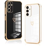 Vauki 2 Pièces Coque pour Samsung Galaxy S23 FE 5G, Silicone TPU Antichoc Housse, Étui avec Motif Coeur et Bordure Dorée pour Samsung S23 FE 5G, Noir et Blanc