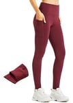 Libin Leggings Polaire Femme Chaud Leggings Hiver Femme Thermique Élastiques Taille Haute Sport Chaud Pantalon avec Poches, Vin Rouge, XS