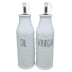 Oil & Vinegar Cruet Set w/Spouts White Dimple Ceramic Labelled Drizzle Dispenser