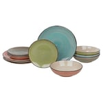 URBNLIVING Coloured Stone Glazed Ceramic Dinnerware Set - 12 Pcs Crockery Plates & Bowls - Assorted Colours - Green, Blue, Grey, Pink - Fridge & Dishwasher Safe