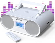 Boombox B4 Poste Radio CD Portable + Radio AM/FM, CD, Bluetooth, USB, MP3 + Mode Filaire et sans Fil avec Piles Rechargeables + Télécommande, Mode Veille Auto + Lecteur CD Portable + Blanc