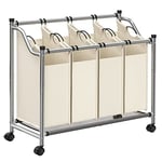 Songmics Rolling Tvättsorterare, tvättkorg med 4 avtagbara väskor, tvätthamare, 4 x 35L, Beige