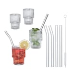 Relaxdays Lot de 4 verres nervurés rétro - 210 ml - Passent au lave-vaisselle - Pailles pour café glacé, cocktails, transparents