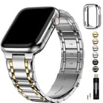 Fullmosa Compatible with Apple Watch Straps 41mm 40mm 38mm Stainless Steel Replacement iWatch Bands with TPU Protective Case for Series 9 8 7 6 5 4 3 2 1 SE, Silver with Gold