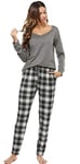 Vlazom Pyjamas Femmes,Pyjama Femme 2 Pièce Hiver Ensemble Pyjama pour Femme Col en V Longue Manche avec Poches Ensemble de Pyjama en Coton Long Grande Taille,XL,B-Noir